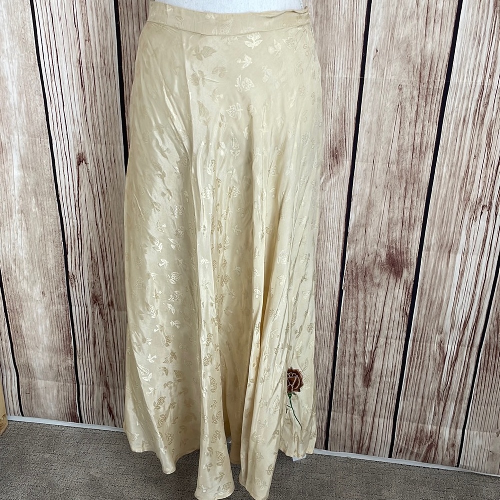 April Cornell Cream/Beige Maxi Skirt w/Floral Pattern & Embroidered Rose